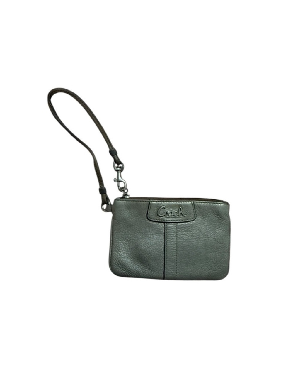 Coach Sage Green Pebbled Leather corner zip wristlet